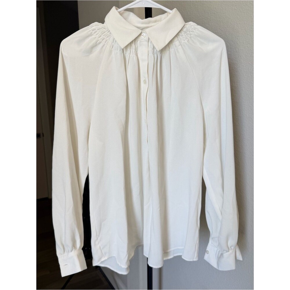 Max Studio White Long-Sleeve Button-Up Blouse L